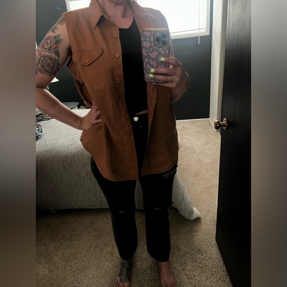 Vintage 90s Short Circuit Sleeveless Linen Cotton Button Up - Picture 7 of 10